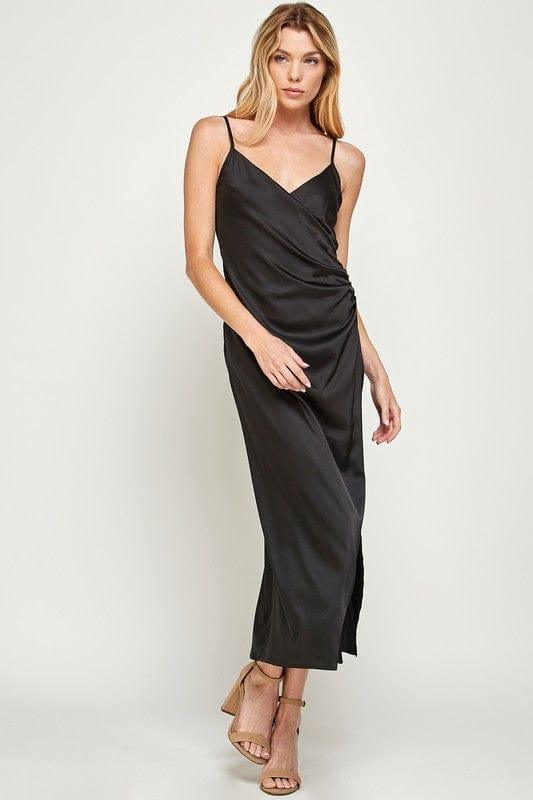 Sans Souci Black / Small RUCHED WRAP SATIN MIDI DRESS