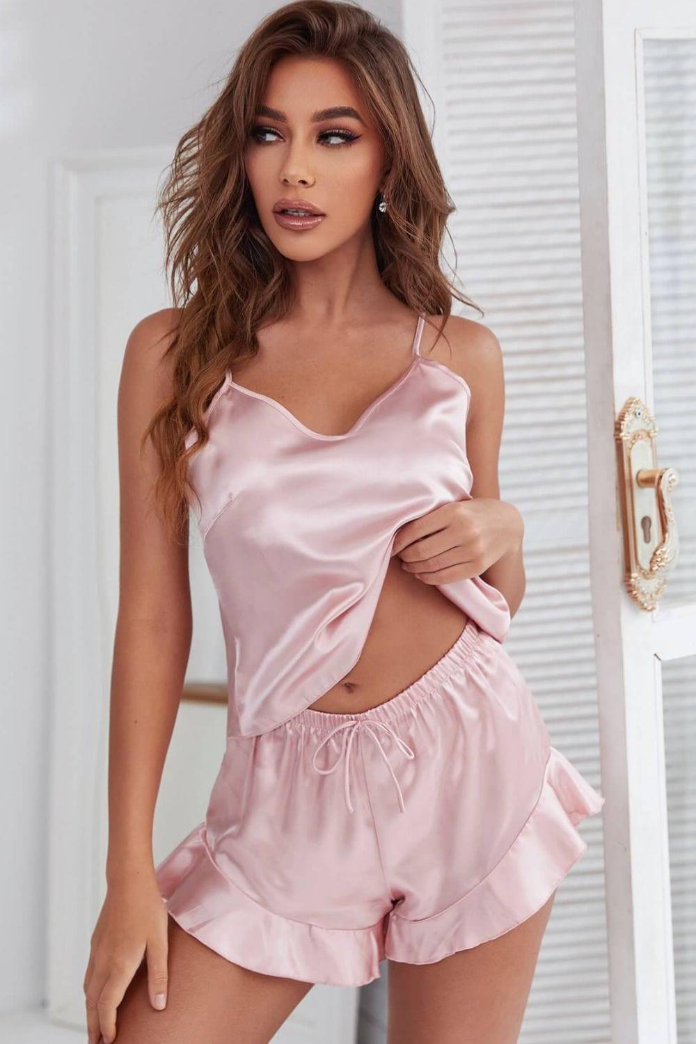 SAVLUXE Sleepwear & Loungewear Pink / S Satin Cami, Ruffle Hem Shorts Pajama Set