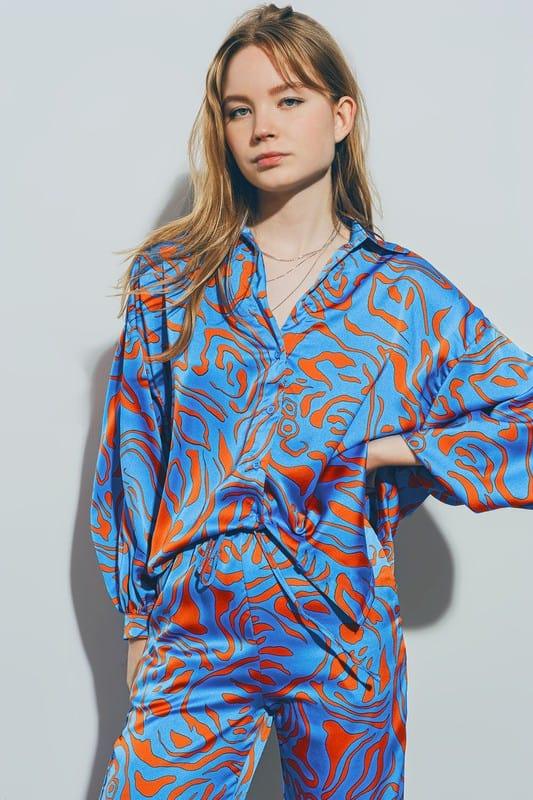 Q2 Satin Shirt with Balloon Sleeves in Blue