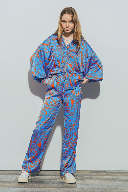 Q2 Satin Shirt with Balloon Sleeves in Blue