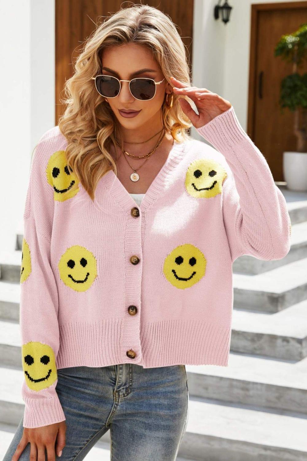 Trendsi Sweaters Pink / S Smiley Face Ribbed Trim V-Neck Cardigan For Women