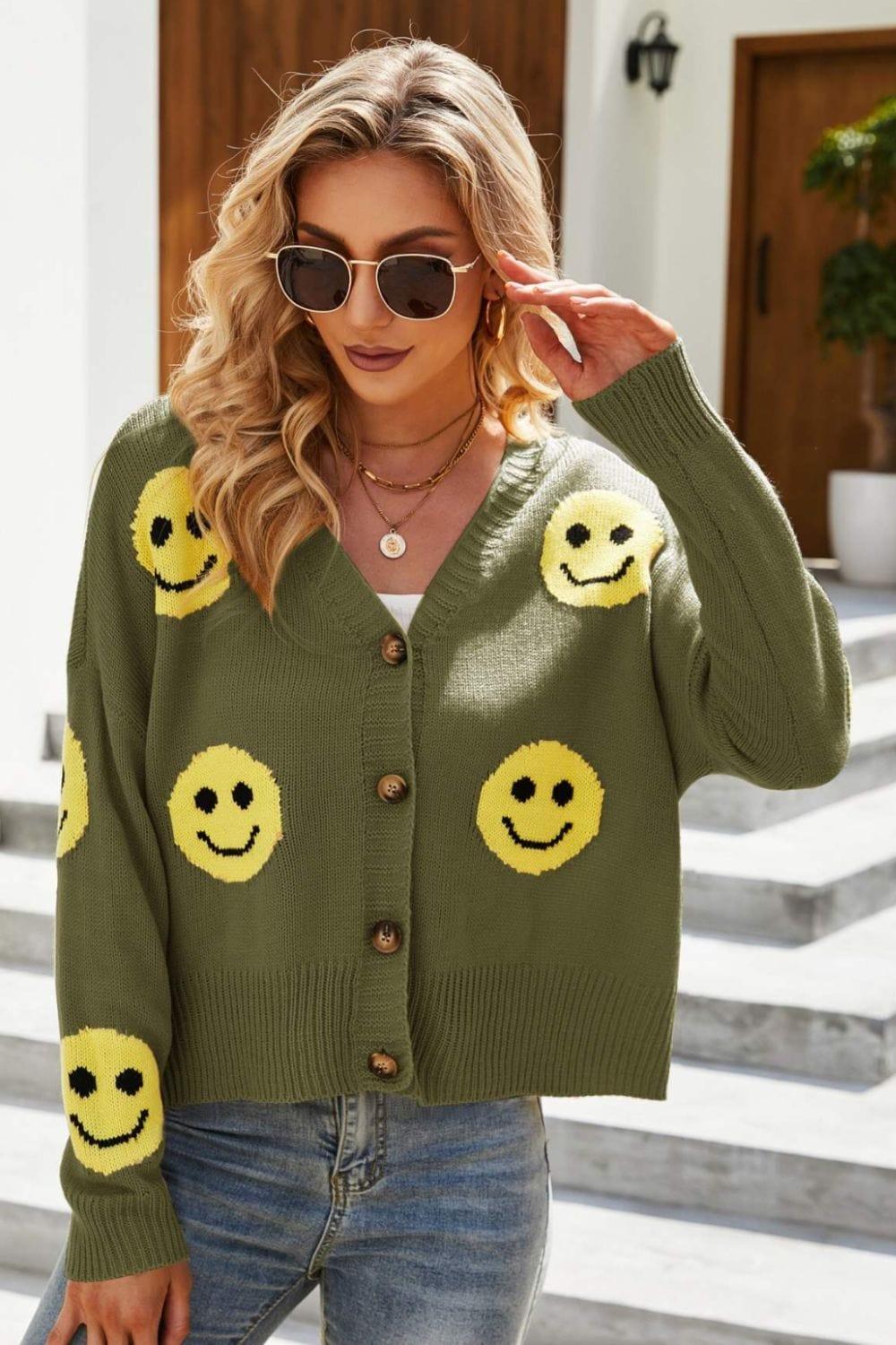 Trendsi Sweaters Green / S Smiley Face Ribbed Trim V-Neck Cardigan For Women