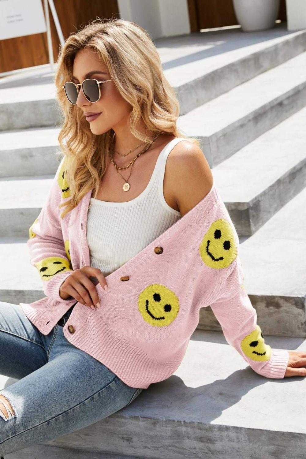 Trendsi Sweaters Smiley Face Ribbed Trim V-Neck Cardigan For Women