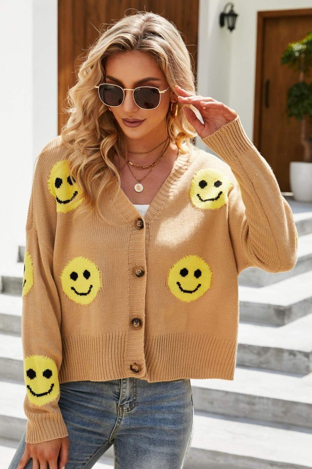 Trendsi Sweaters Camel / S Smiley Face Ribbed Trim V-Neck Cardigan For Women