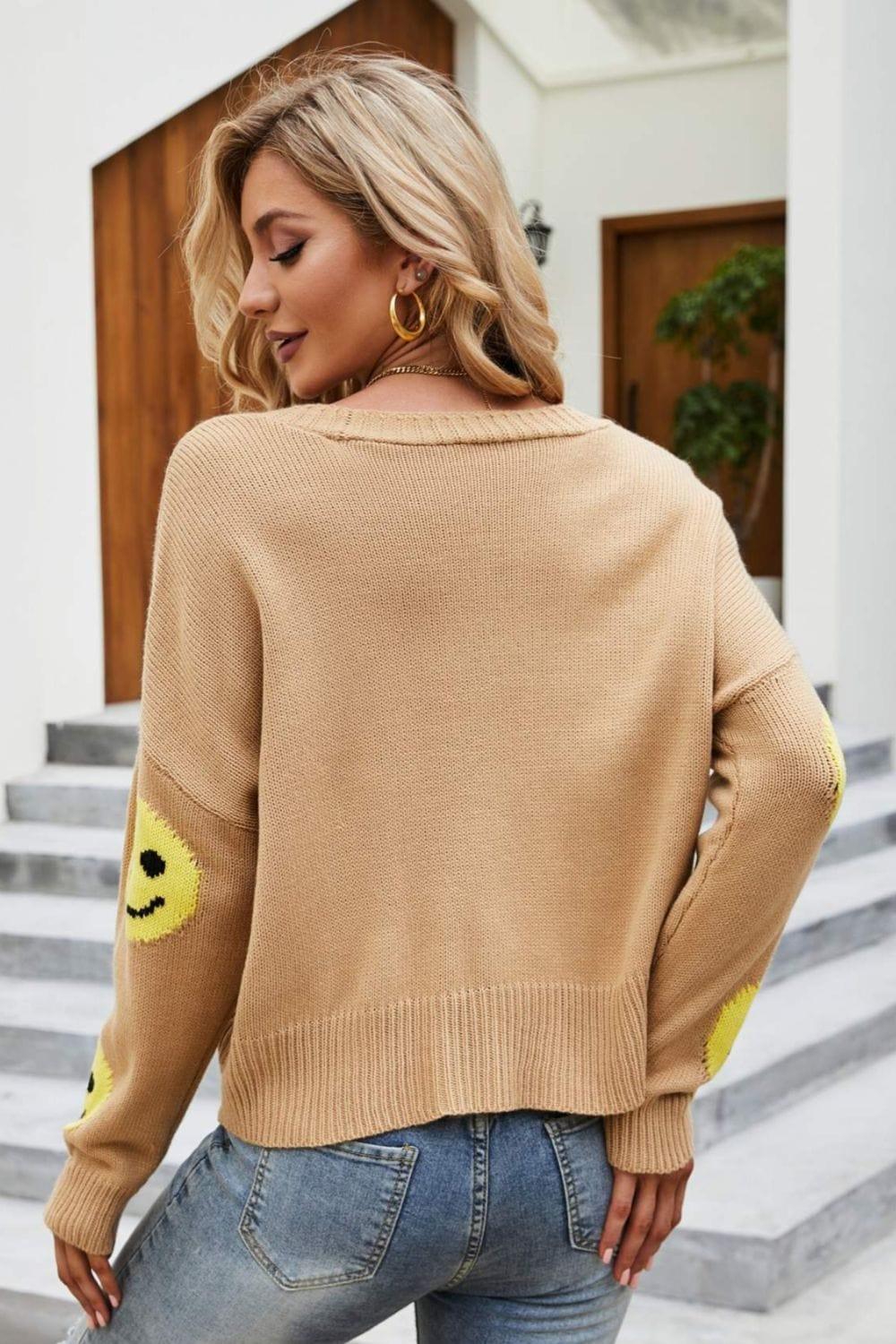 Trendsi Sweaters Smiley Face Ribbed Trim V-Neck Cardigan For Women