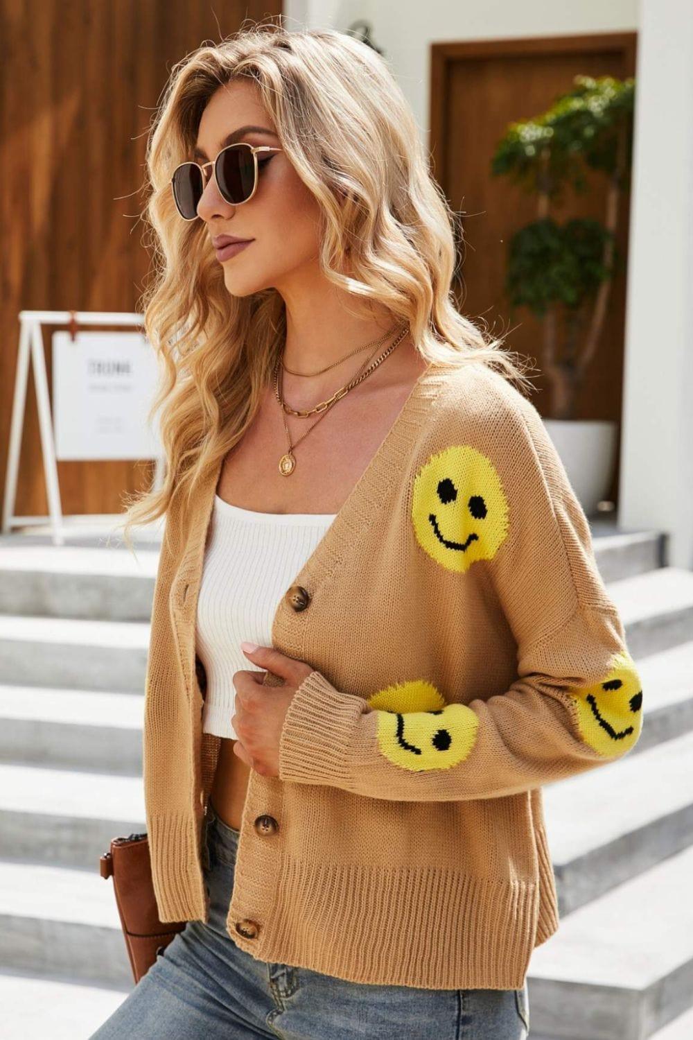 Trendsi Sweaters Smiley Face Ribbed Trim V-Neck Cardigan For Women