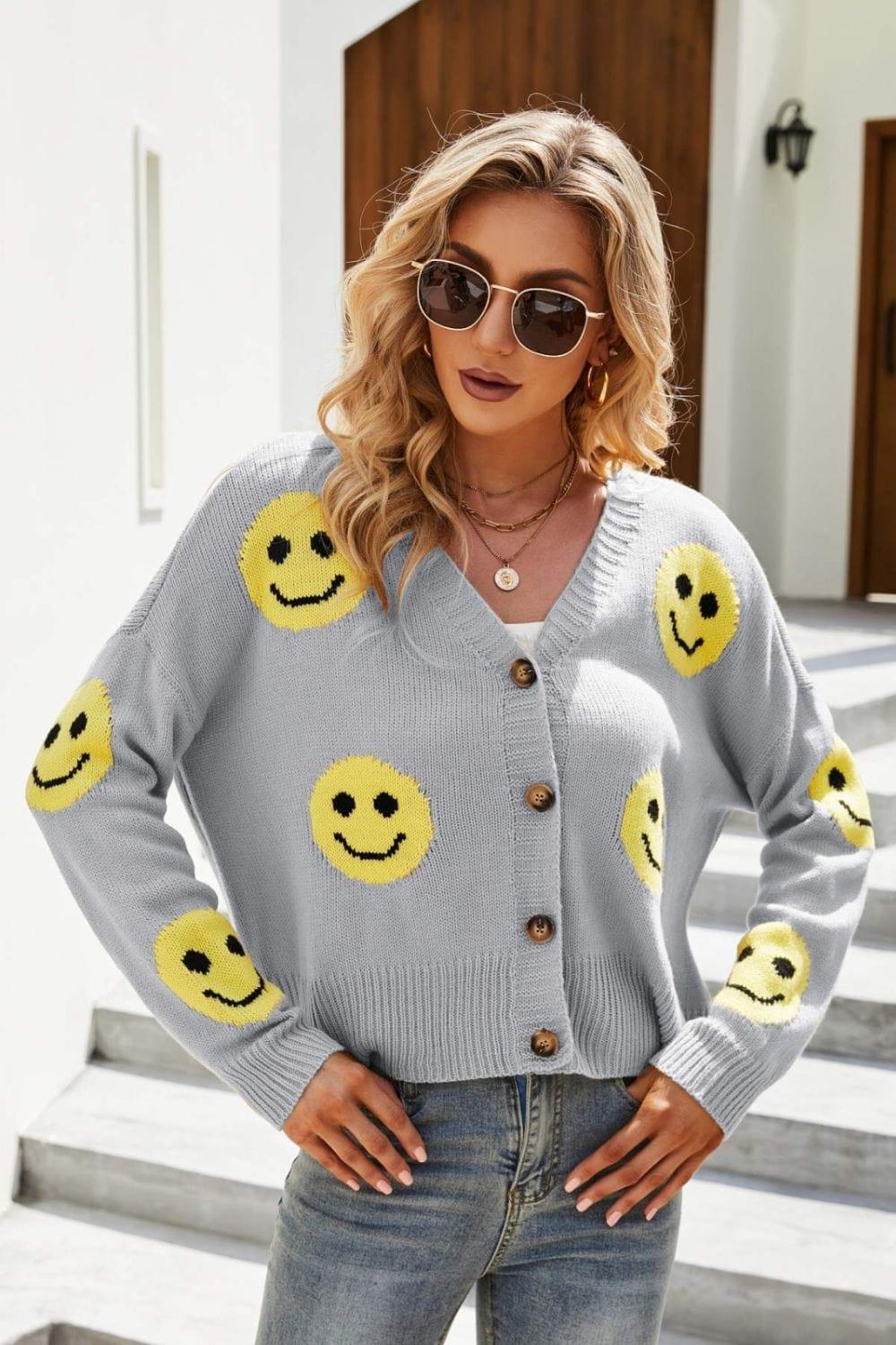 Trendsi Sweaters Gray / S Smiley Face Ribbed Trim V-Neck Cardigan For Women
