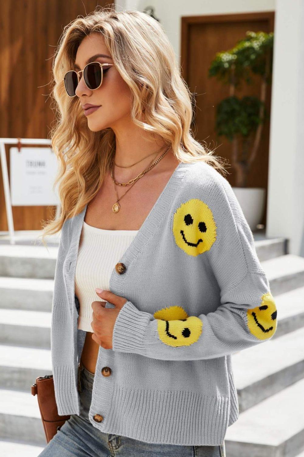 Trendsi Sweaters Smiley Face Ribbed Trim V-Neck Cardigan For Women