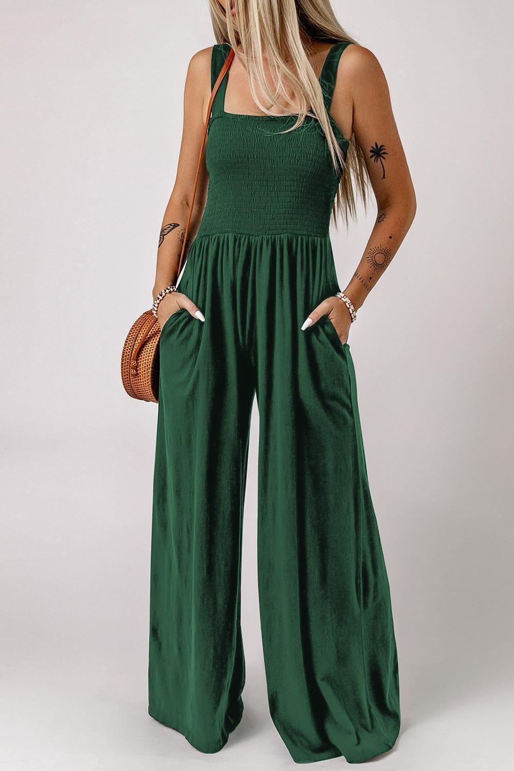 White Label Jumpsuits & Rompers Green / S Smocked Square Neck Wide Leg Jumpsuit with Pockets