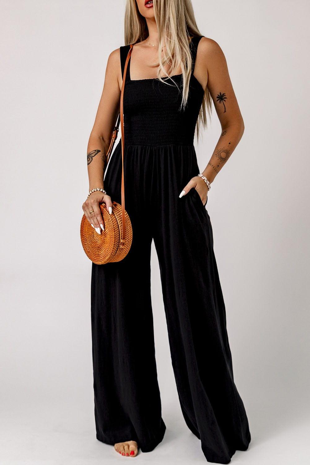 White Label Jumpsuits & Rompers Black / S Smocked Square Neck Wide Leg Jumpsuit with Pockets