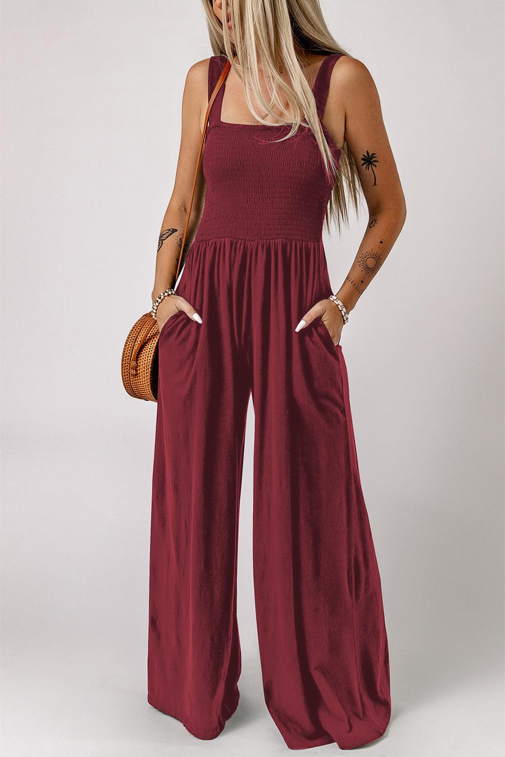 Smocked Square Neck Wide Leg Jumpsuit with Pockets - SAVLUXE