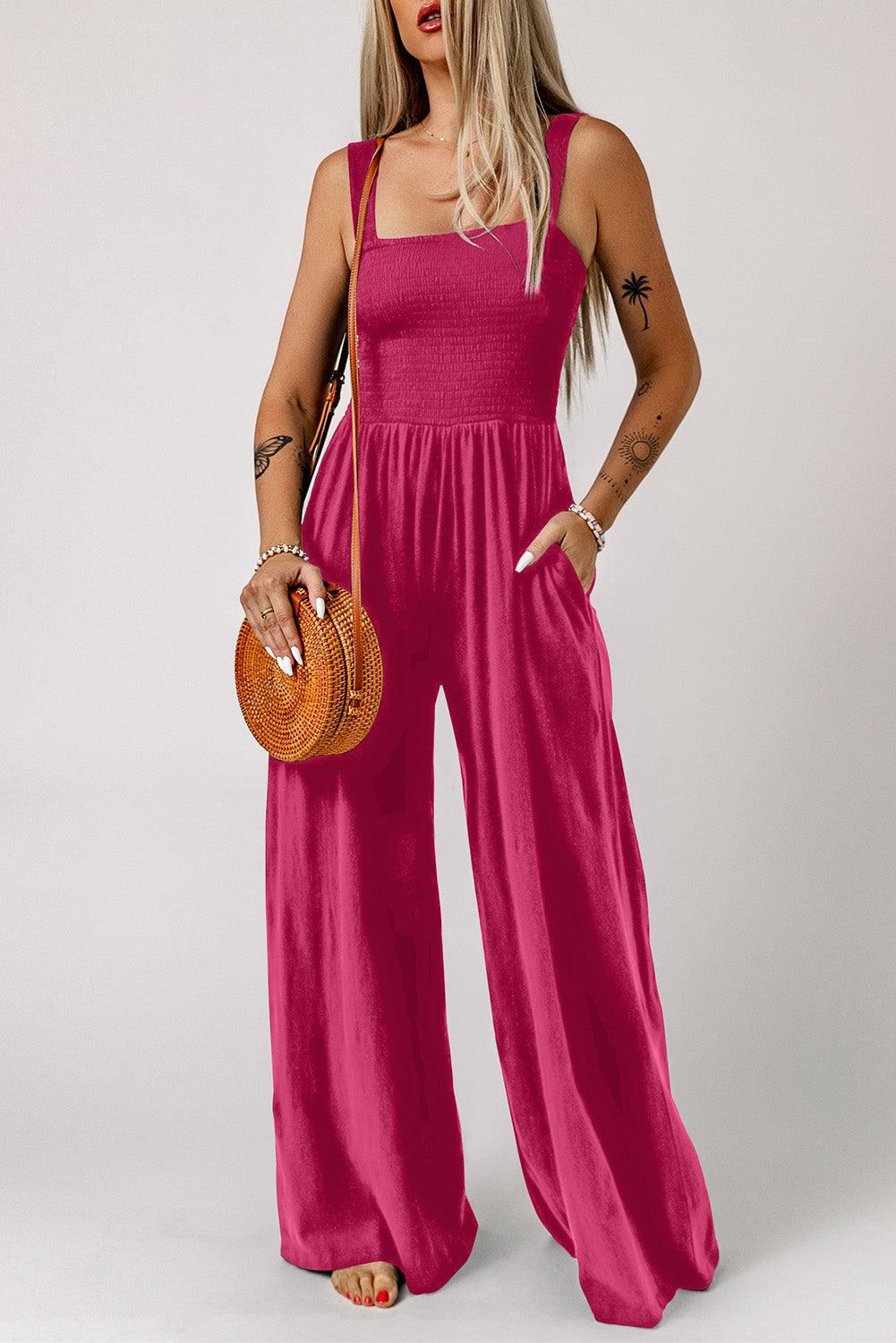 Smocked Square Neck Wide Leg Jumpsuit with Pockets - SAVLUXE