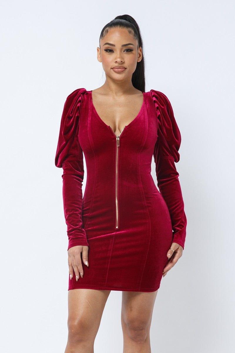 SAVLUXE L Soft Velvet Pleated Puff Sleeve Low V Neck Front And Back Mini Dress