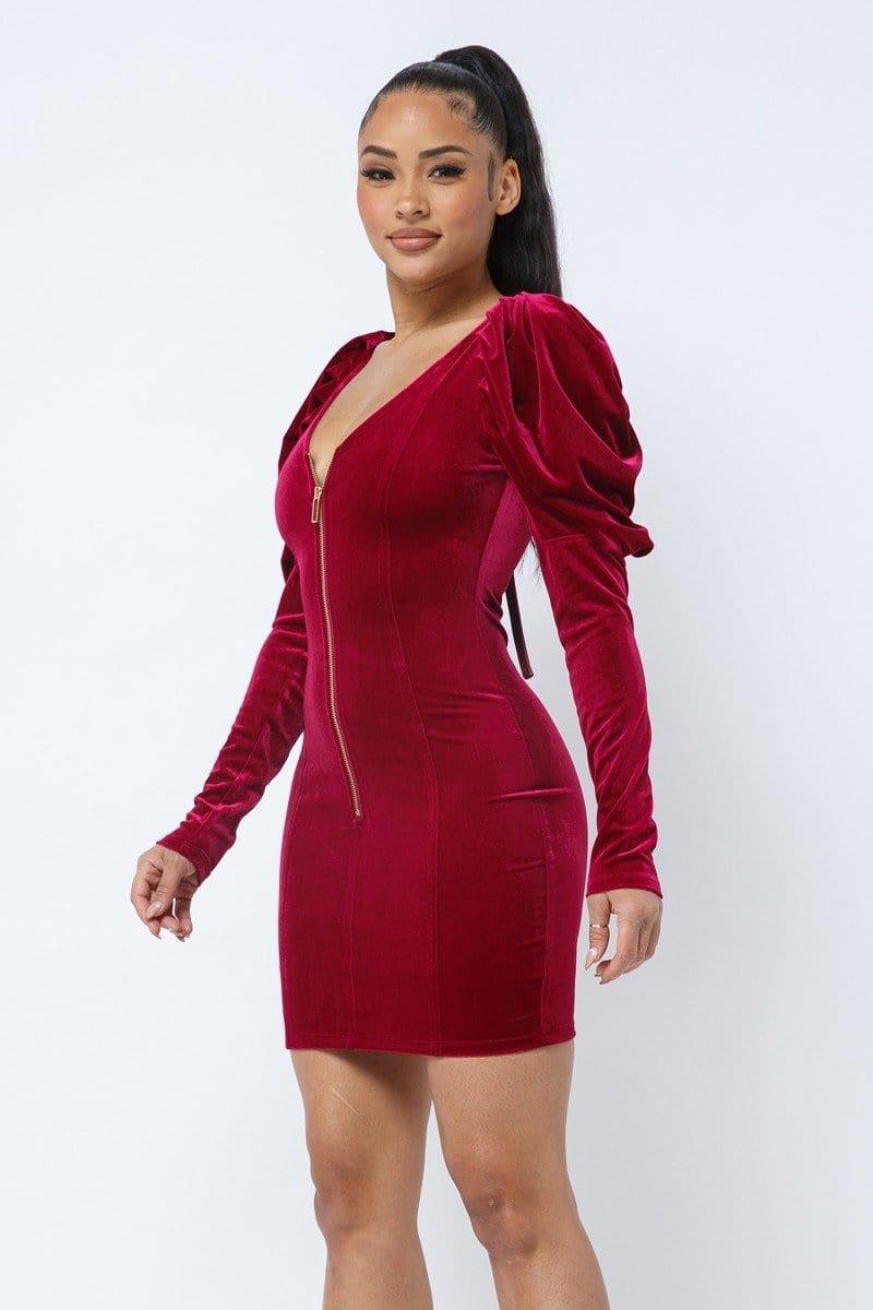SAVLUXE Soft Velvet Pleated Puff Sleeve Low V Neck Front And Back Mini Dress