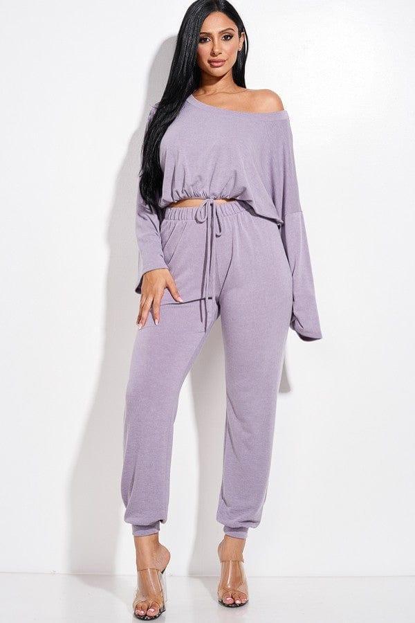 SAVLUXE Default S Solid French Terry Long Sleeve Tie Front Slouchy Top And Jogger Pants Two Piece Set