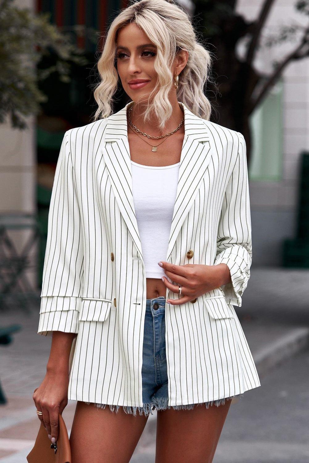Trendsi Striped Double-Breasted Long Sleeve Blazer