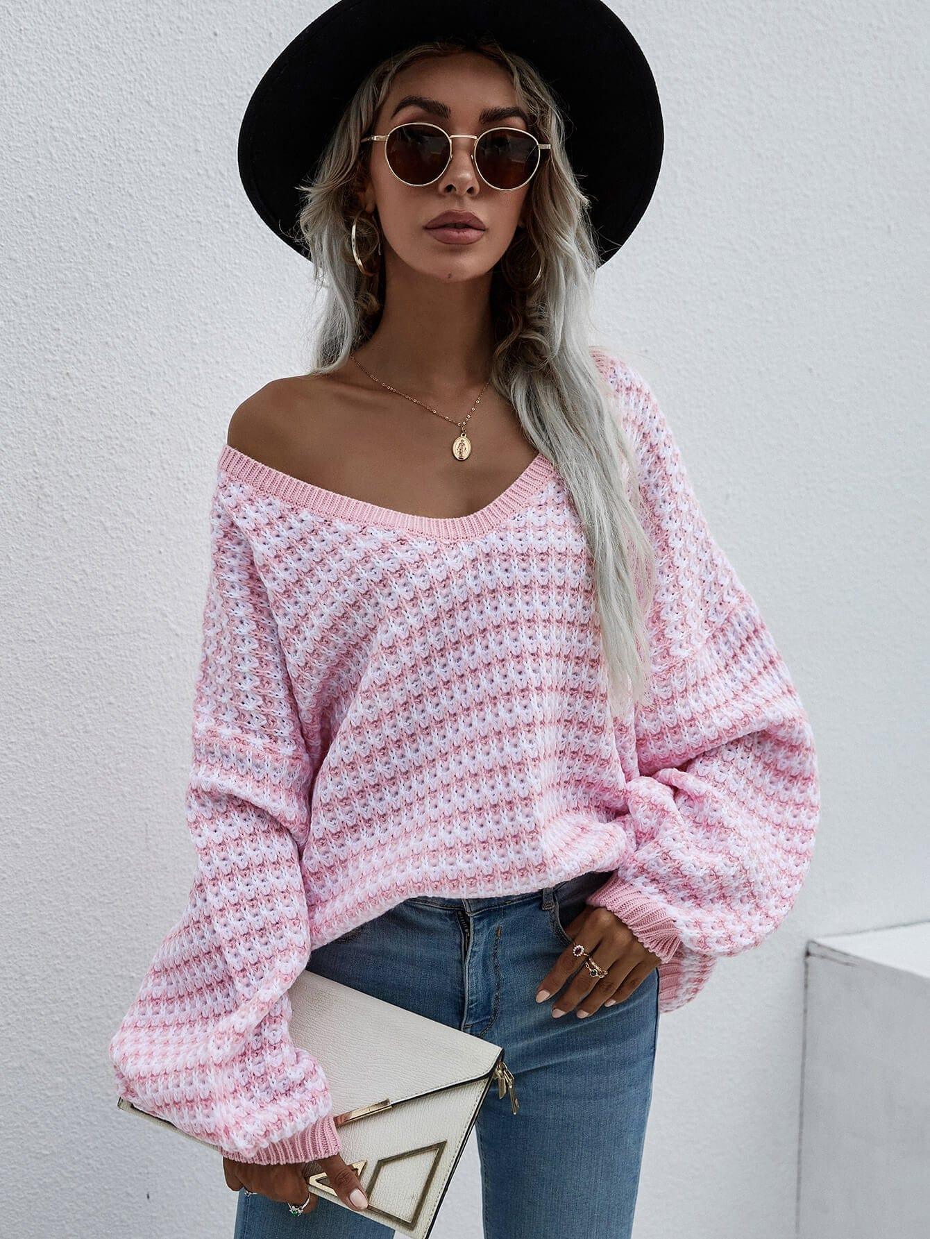 Trendsi Pink / S Striped Drop Shoulder V-Neck Pullover Sweater