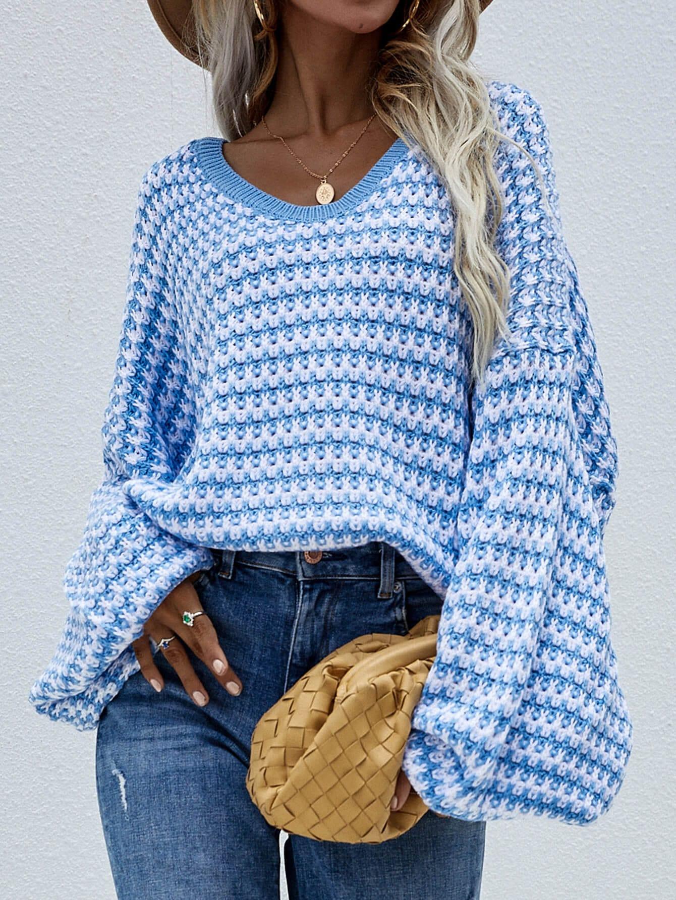 Trendsi Blue / S Striped Drop Shoulder V-Neck Pullover Sweater