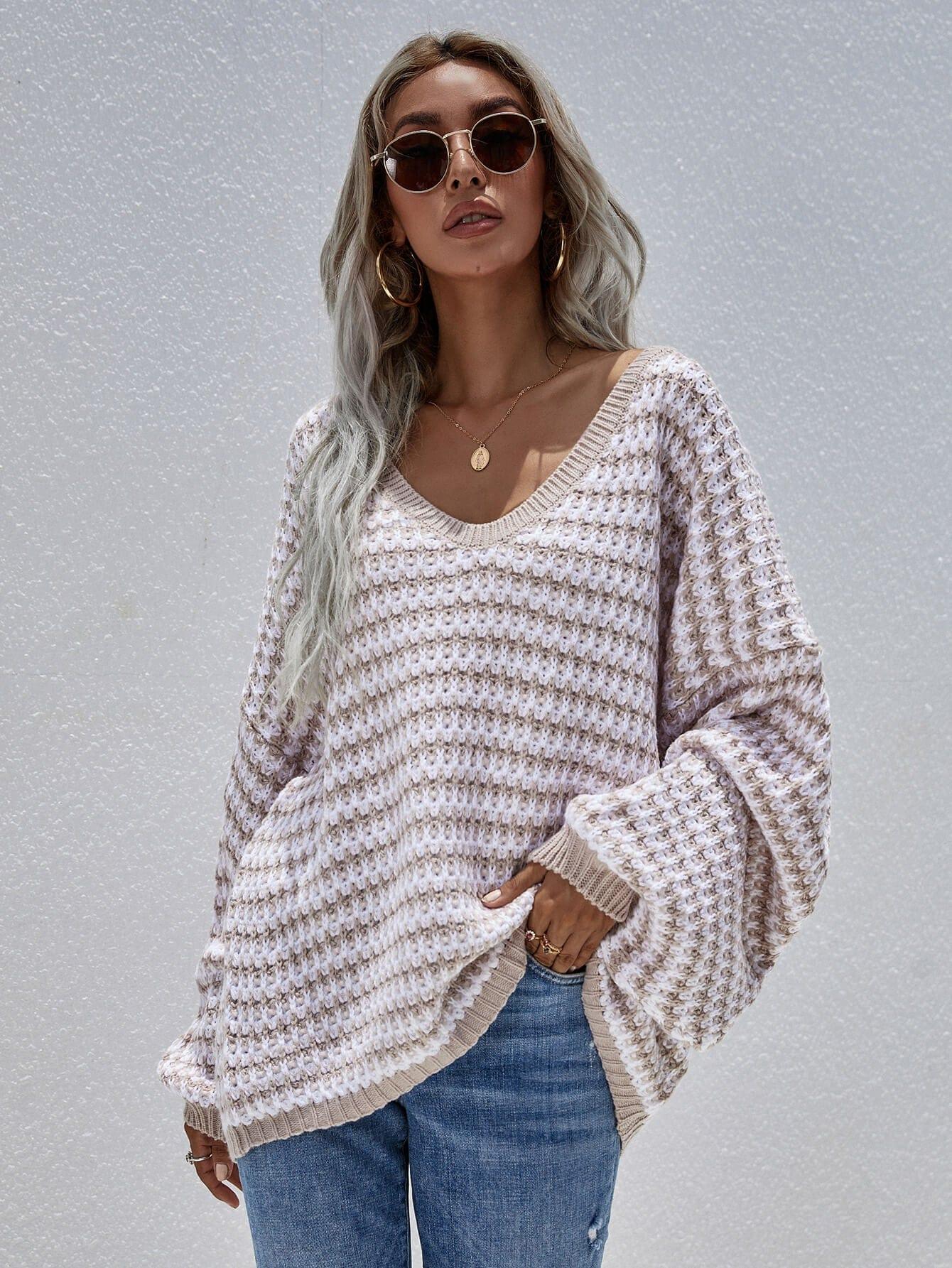 Trendsi Khaki / S Striped Drop Shoulder V-Neck Pullover Sweater