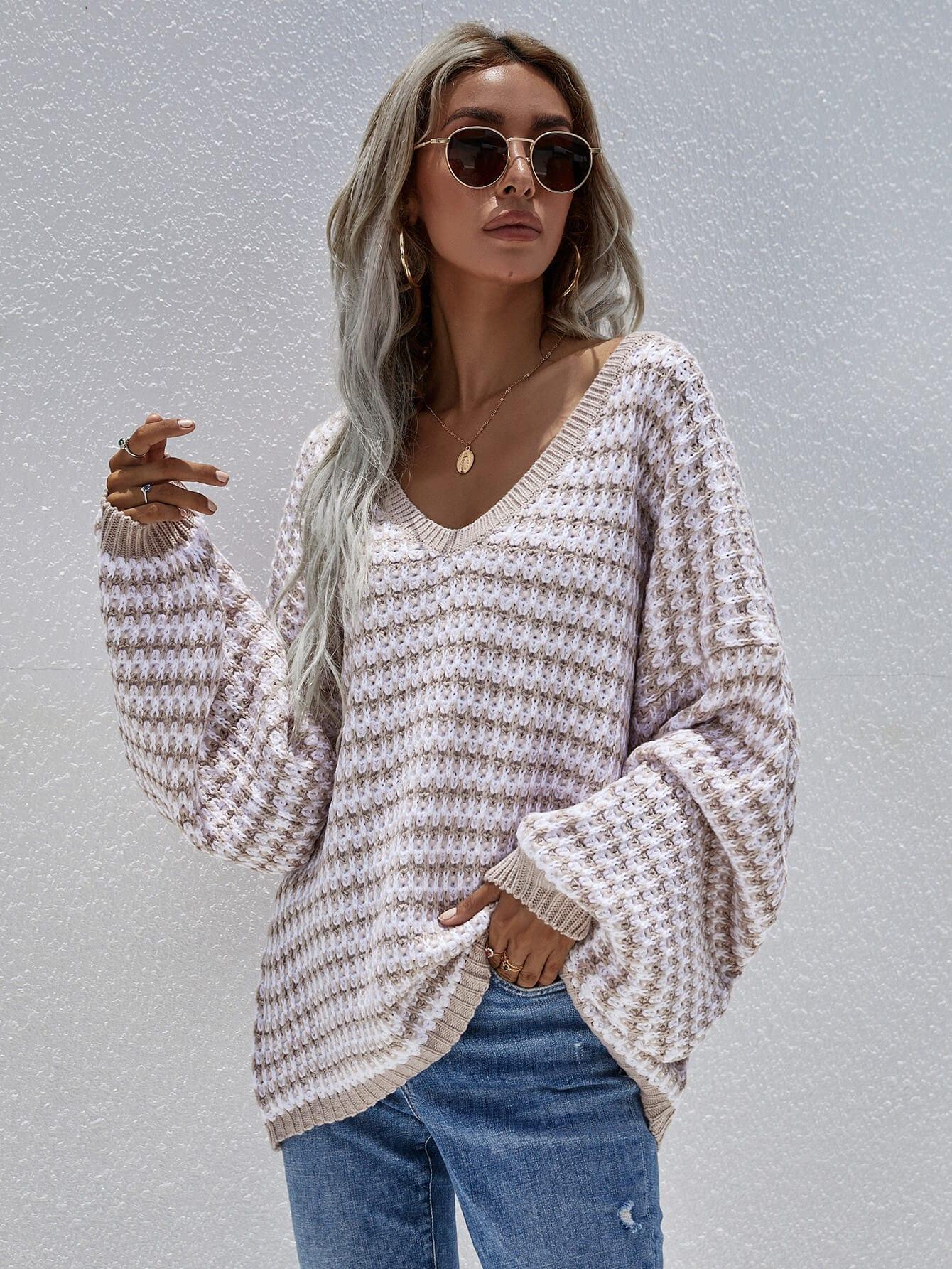 Trendsi Striped Drop Shoulder V-Neck Pullover Sweater