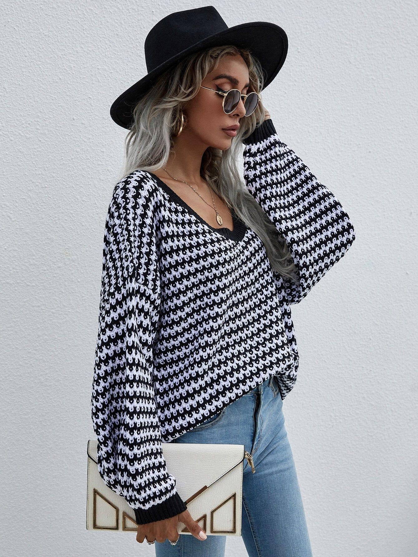 Trendsi Striped Drop Shoulder V-Neck Pullover Sweater