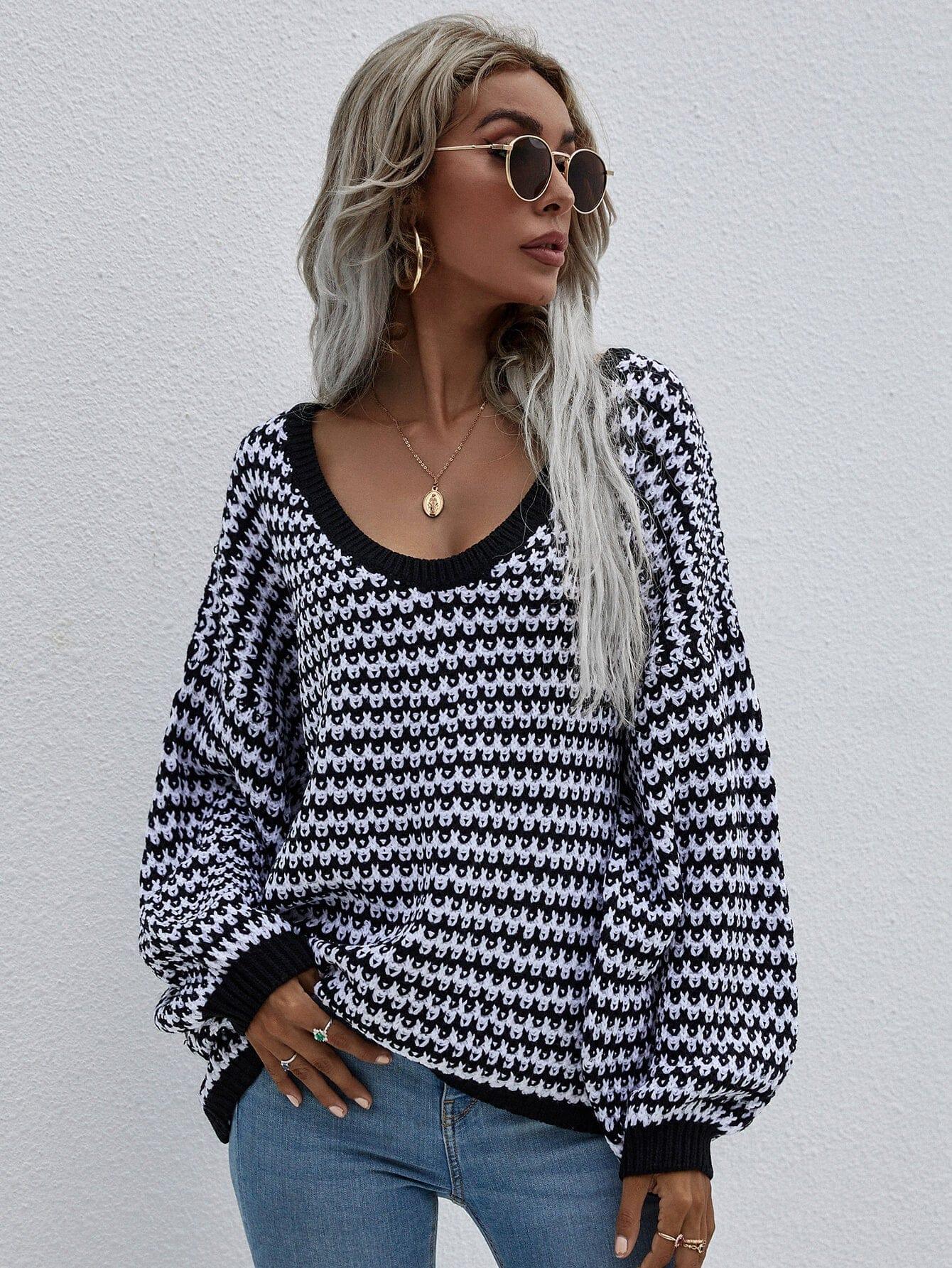 Trendsi Black / S Striped Drop Shoulder V-Neck Pullover Sweater