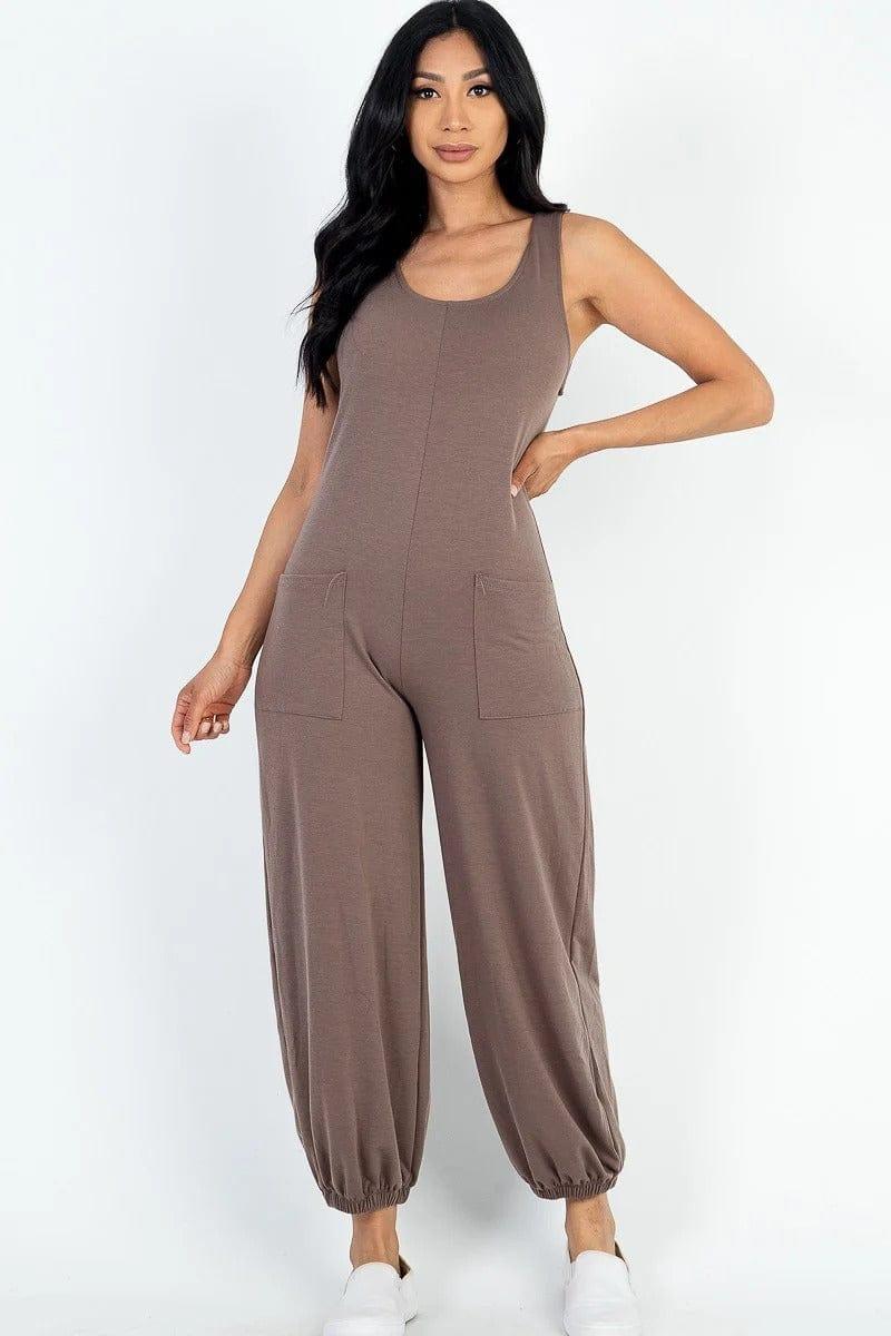 SAVLUXE Default S Taupe Casual Solid French Terry Front Pocket Jumpsuit