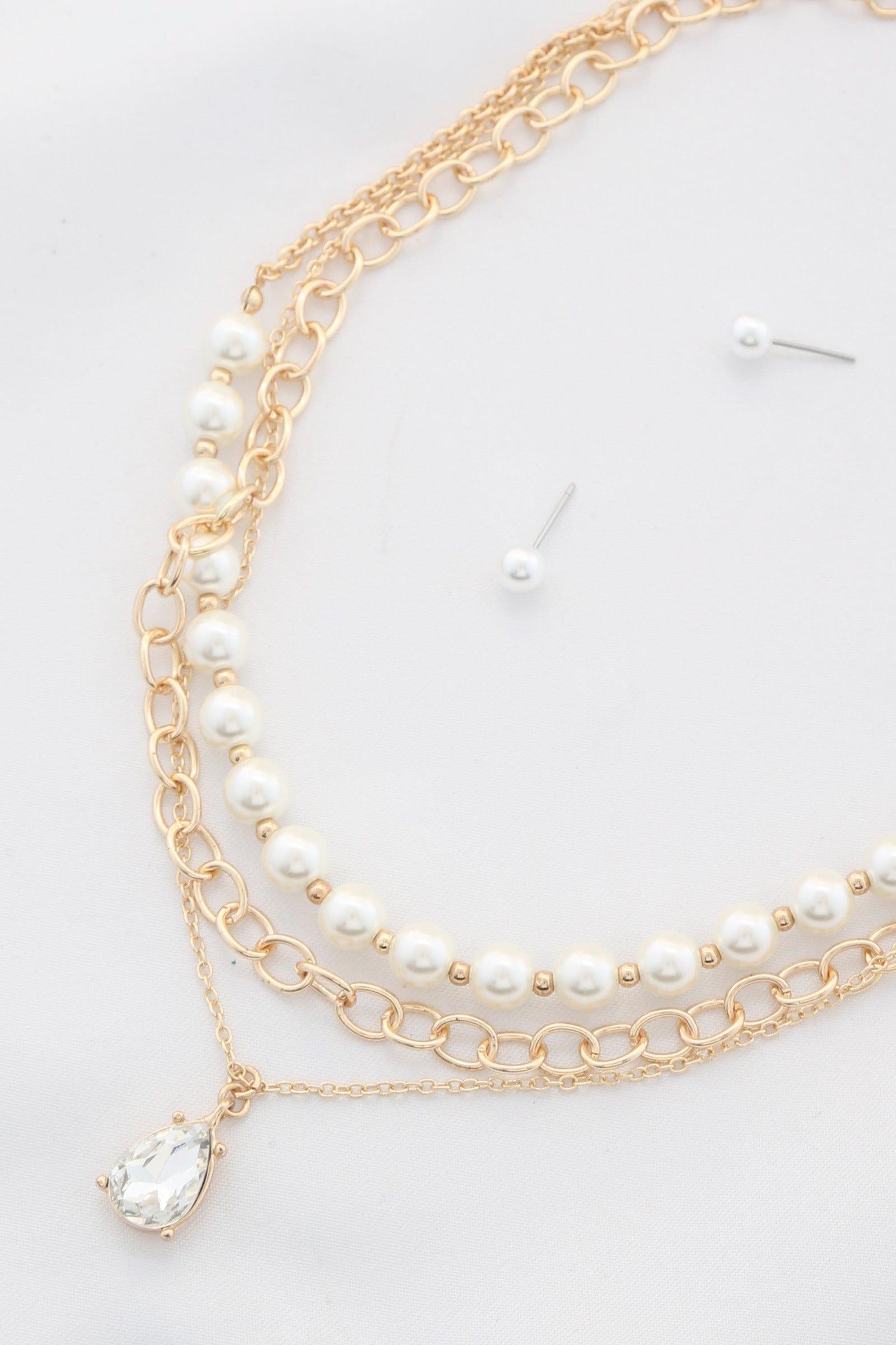SAVLUXE Pearl Teardrop Crystal Pearl Bead Layered Necklace