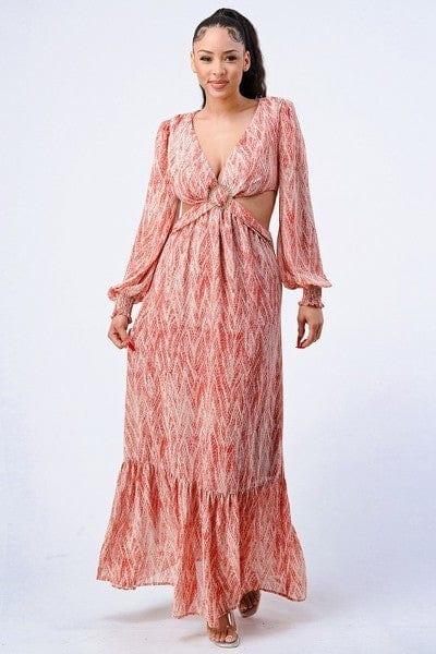 SAVLUXE Default S Terracotta Printed V Neck Self Belted Side Cut Out Ruffled Maxi Dress