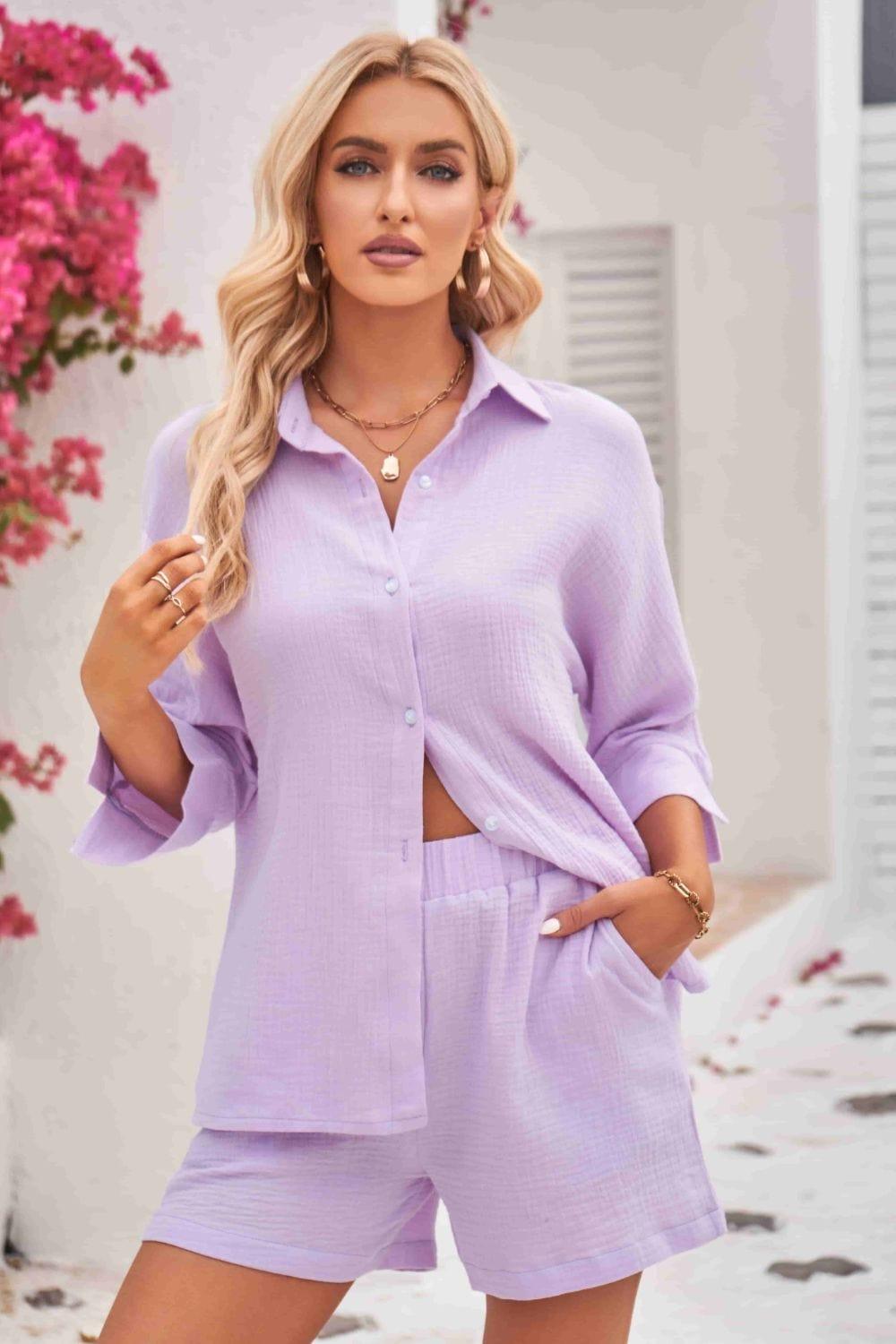 Trendsi 2 PIECES SET Heliotrope Purple / S Textured Shirt and Elastic Waist Short with Pockets