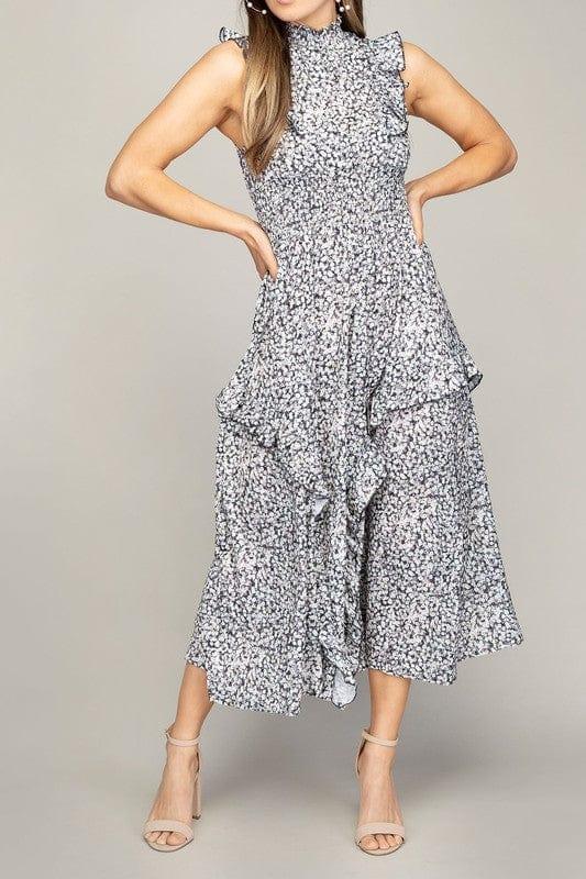 Nuvi Apparel White Floral / S Tiered maxi dress with ruffle trim