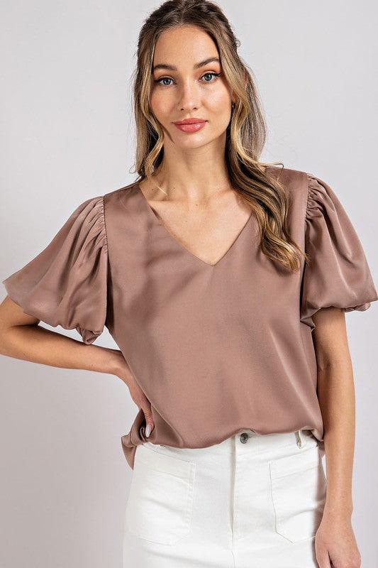 V-NECK PUFF SLEEVE BLOUSE TOP - SAVLUXE