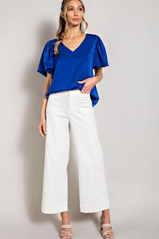 V-NECK PUFF SLEEVE BLOUSE TOP - SAVLUXE