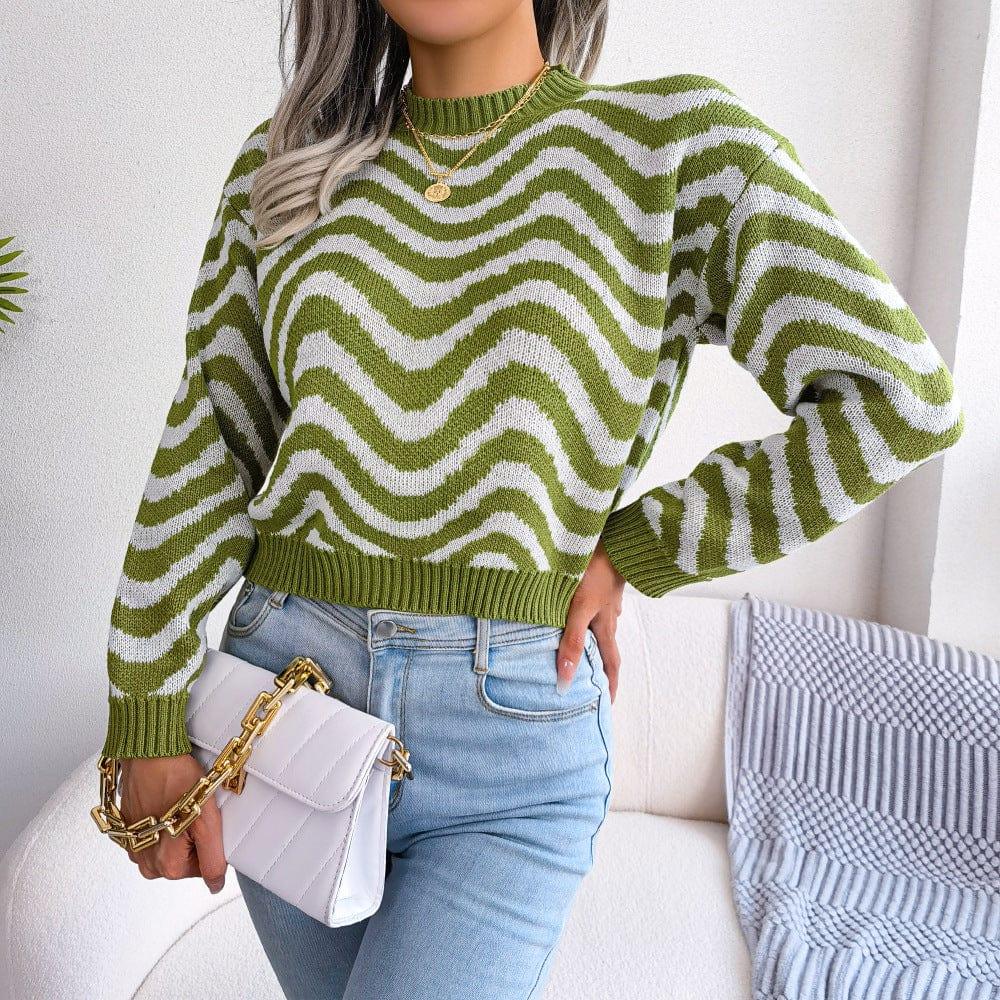 Trendsi Shirts & Tops Green / S Wavy Stripe Dropped Shoulder Sweater