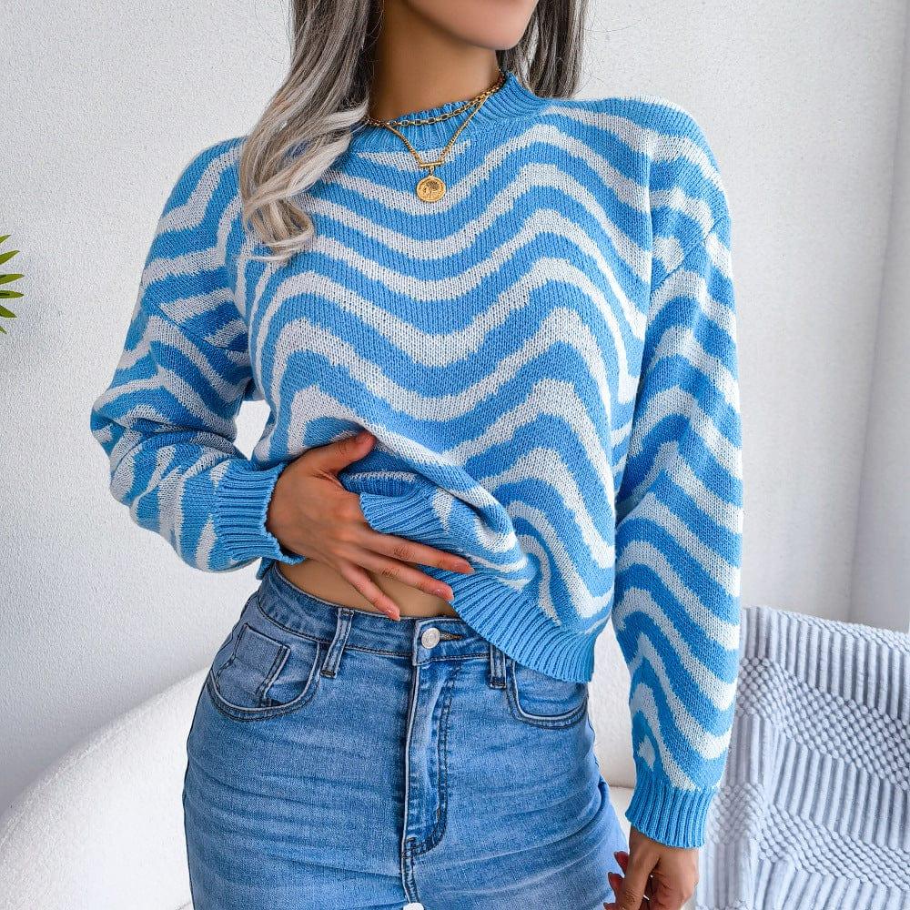 Trendsi Shirts & Tops Blue / S Wavy Stripe Dropped Shoulder Sweater