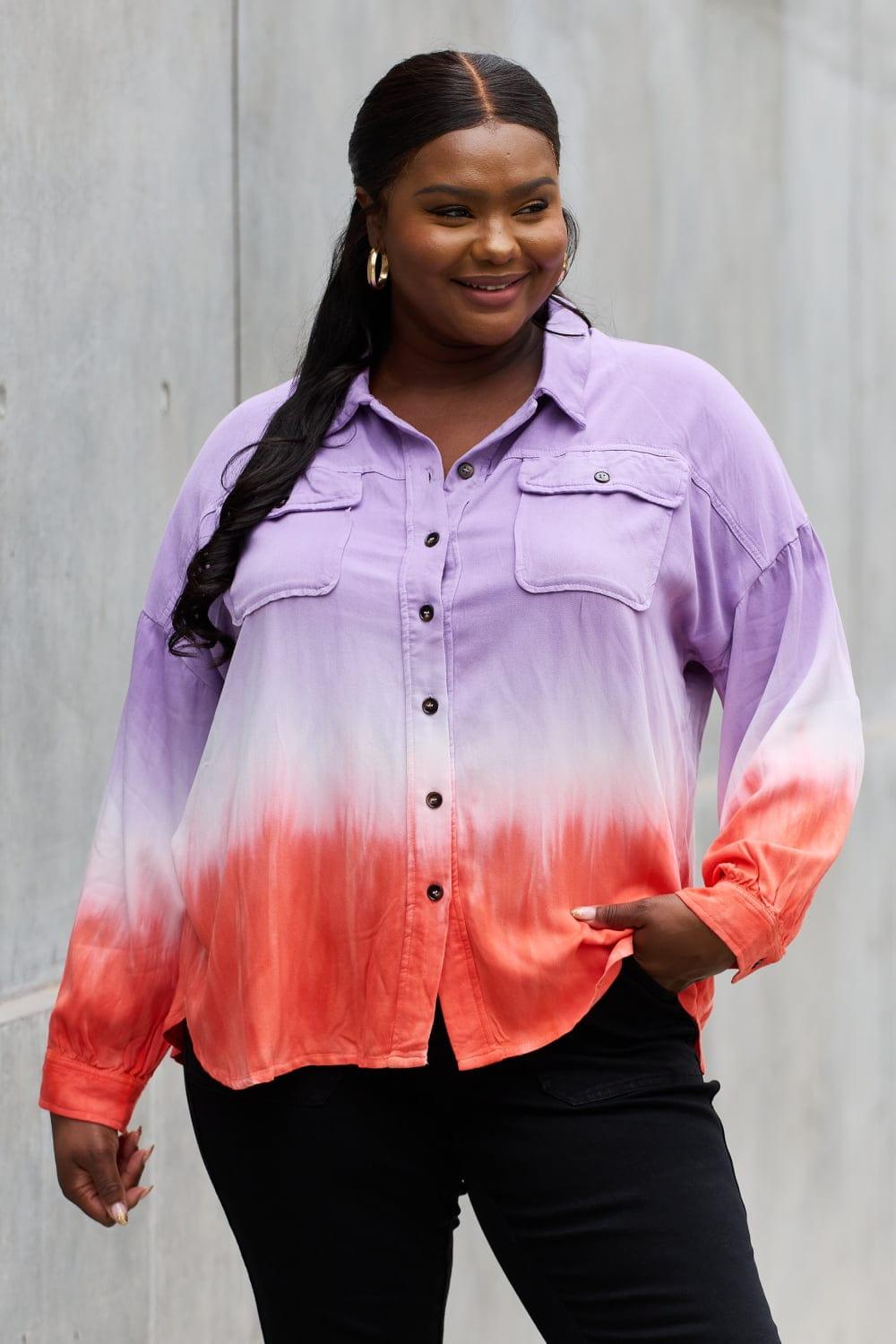 Trendsi Lavender / S White Birch Relaxed Fit Tie-Dye Button Down Top