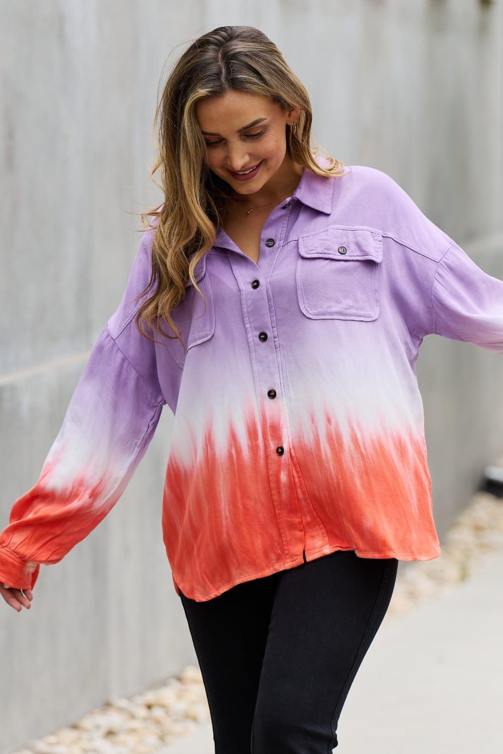 Trendsi White Birch Relaxed Fit Tie-Dye Button Down Top