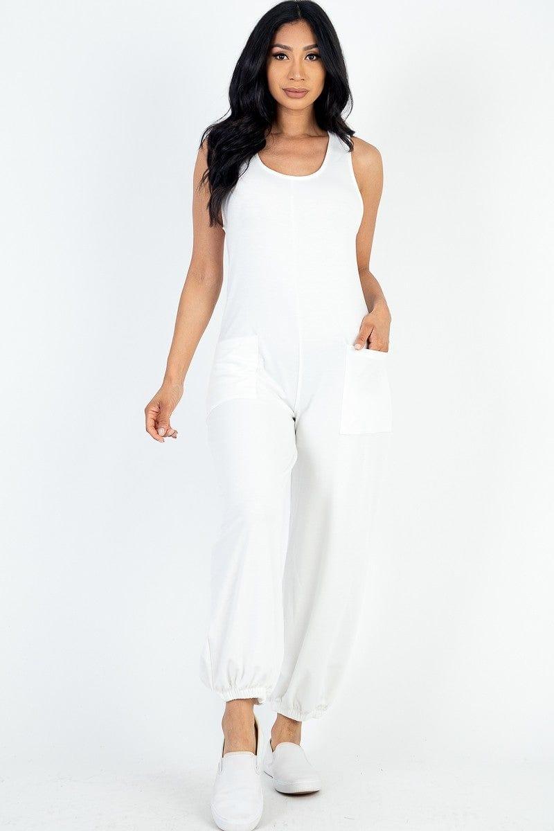 SAVLUXE Default S White Casual Solid French Terry Front Pocket Jumpsuit