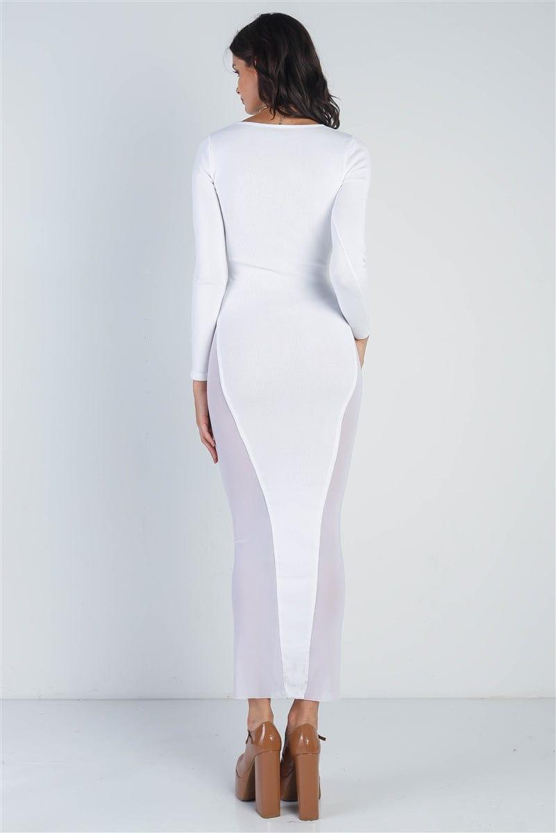 SAVLUXE DRESS White Cutout Bust Mesh Side Long Sleeve Dress