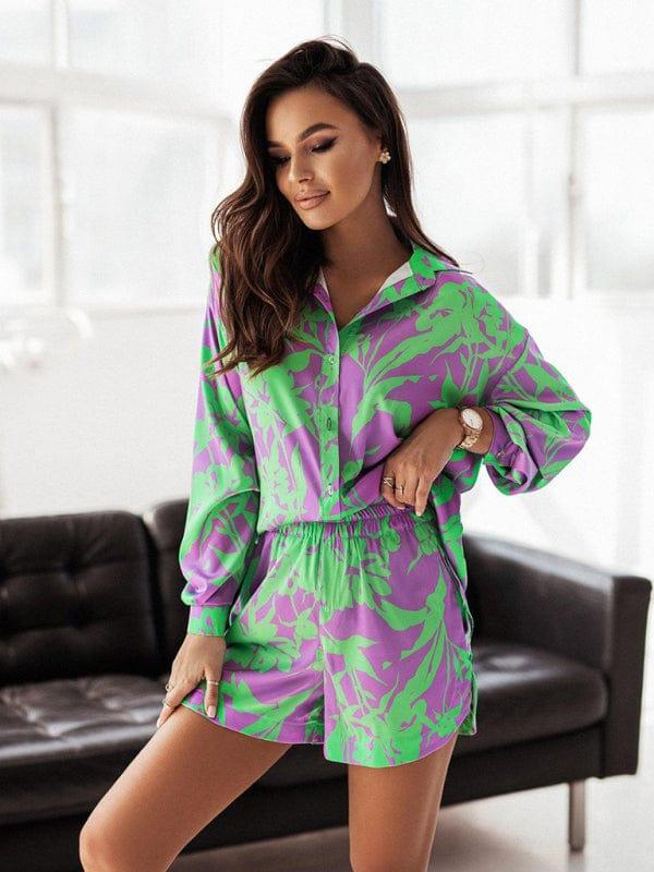 SAVLUXE SETS Purple / S Women's Bright Printed Long Sleeve Notch Collar Top And Short Set