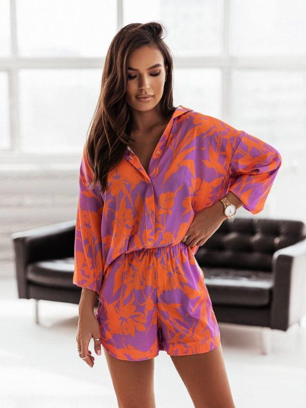 SAVLUXE SETS Orange Red / S Women's Bright Printed Long Sleeve Notch Collar Top And Short Set