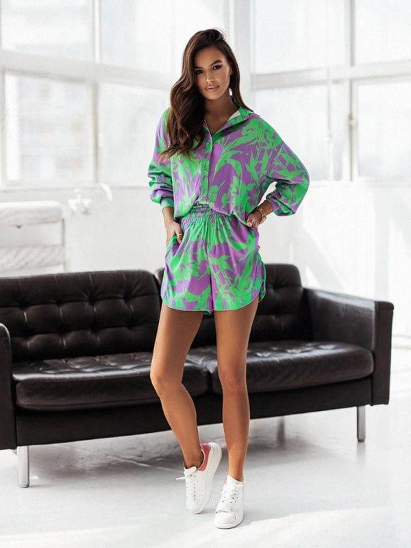 SAVLUXE SETS Women's Bright Printed Long Sleeve Notch Collar Top And Short Set
