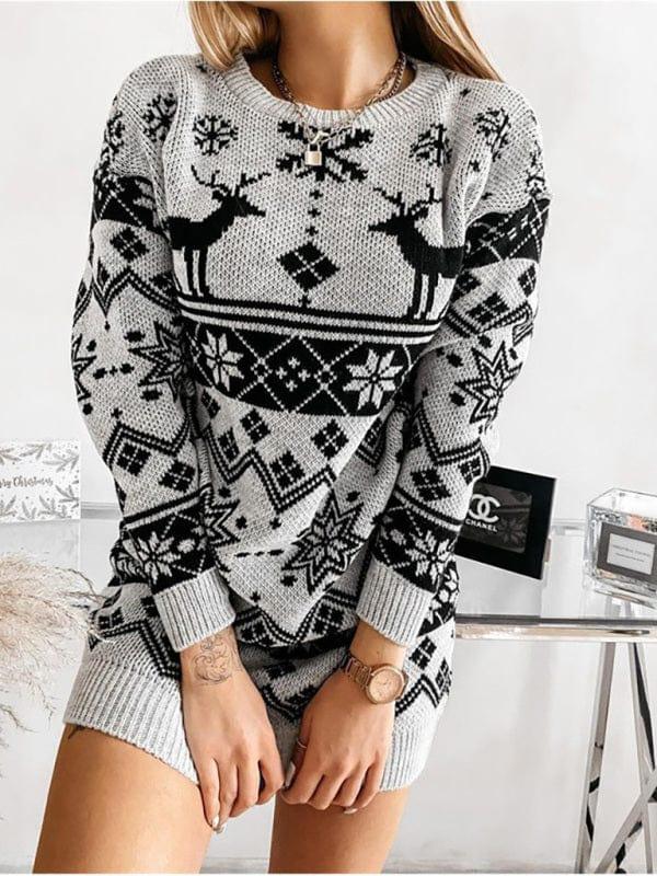 SAVLUXE Grey / S Women's Elk Snowflake Christmas Sweater Dress
