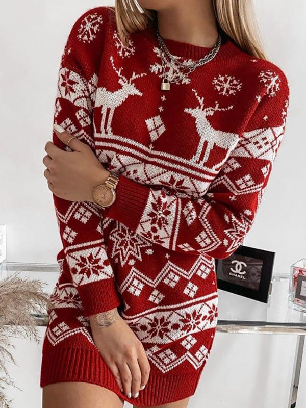 SAVLUXE Red / S Women's Elk Snowflake Christmas Sweater Dress