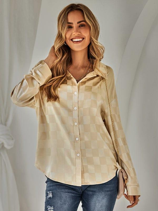 SAVLUXE Shirts & Tops Cracker khaki / S Women's fashion cardigan casual Plaid jacquard shirt