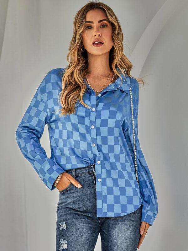 SAVLUXE Shirts & Tops Blue / S Women's fashion cardigan casual Plaid jacquard shirt