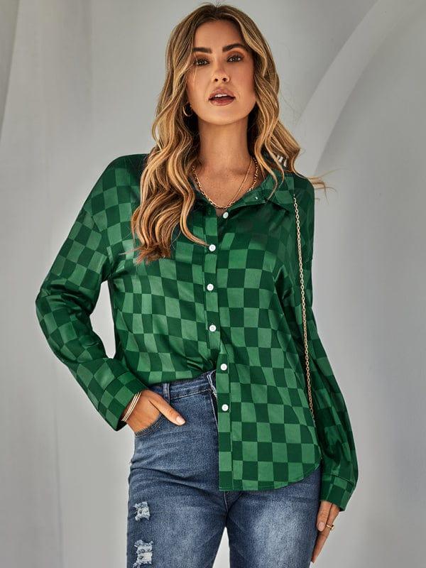 SAVLUXE Shirts & Tops Green  black jasper / S Women's fashion cardigan casual Plaid jacquard shirt