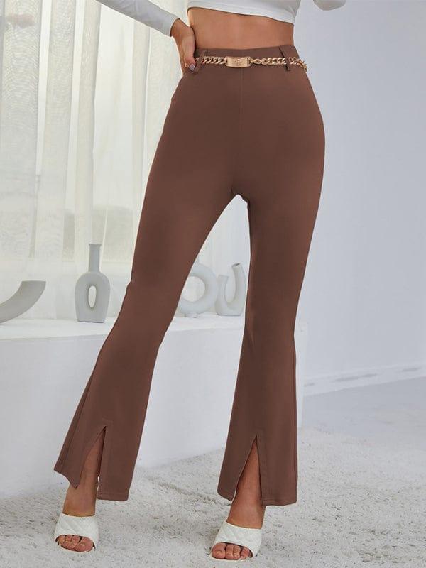 SAVLUXE BOTTOM Brown / S Women's horn high waist high waist thin split wide -leg pants