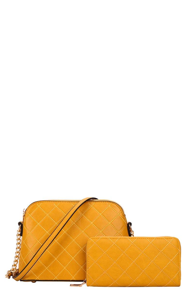 SAVLUXE Bags | Handbags Yellow Women's Quilt Stitching Crossbody Bag With Wallet Set