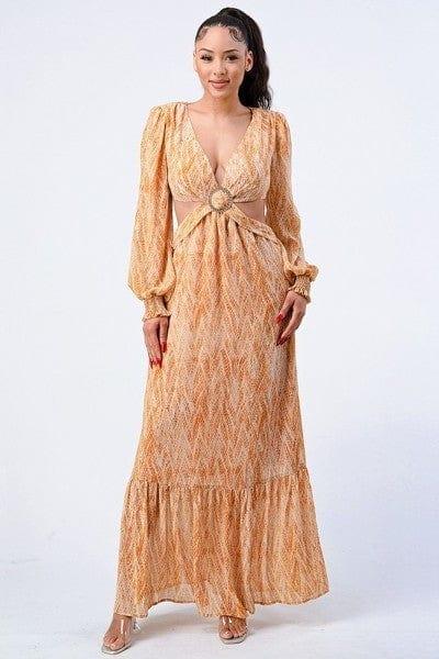 SAVLUXE Default Yellow Printed V Neck Self Belted Side Cut Out Ruffled Maxi Dress